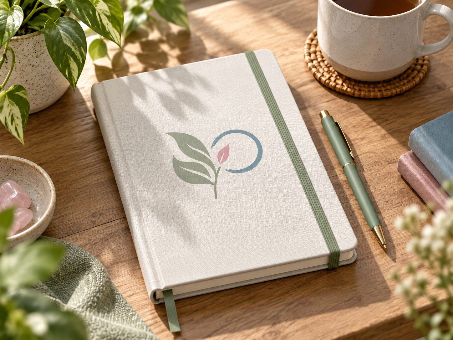 An open planning notebook with a pen and a cup of coffee on a wooden table.
