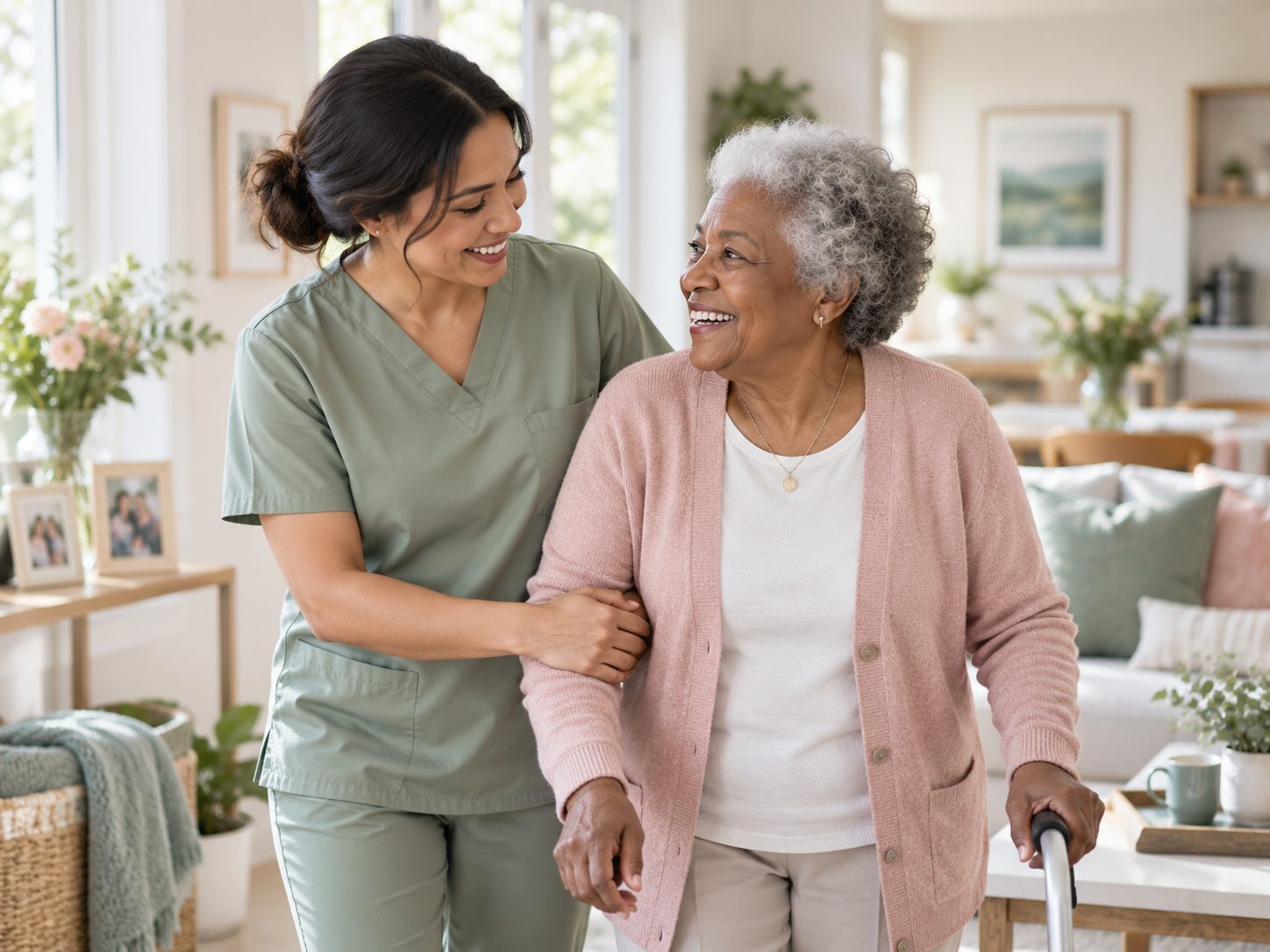 A caregiver in a sage green uniform walks arm in arm with a smiling older woman through a bright kitchen.