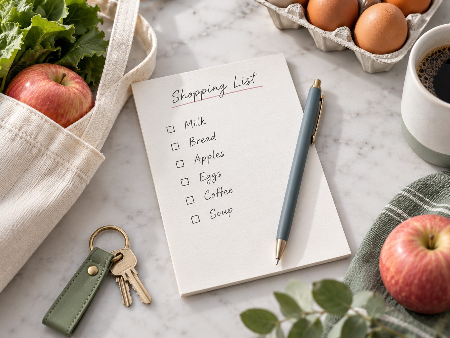 A handwritten shopping list for milk, bread, apples, eggs, coffee and soup beside a tote bag and a set of house keys.